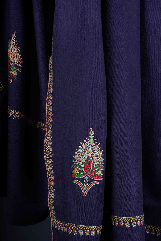 Navy Blue Base Buteh Motif Merino wool Embroidery Shawl