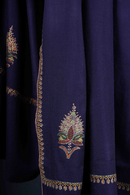 Navy Blue Base Buteh Motif Merino wool Embroidery Shawl
