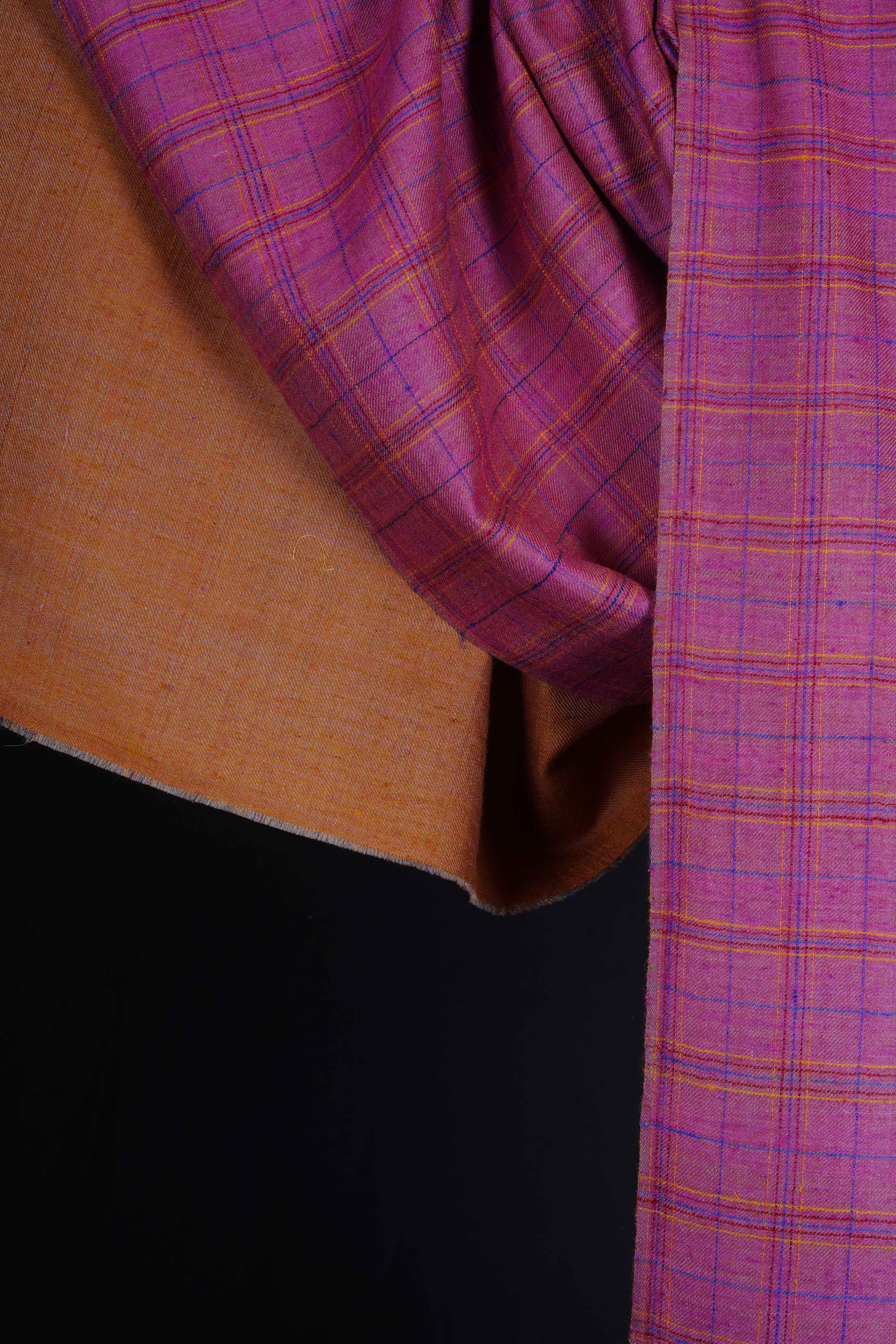 Reversible Pink Checked and Mustard Handwoven Cashmere Pashmina Shawl