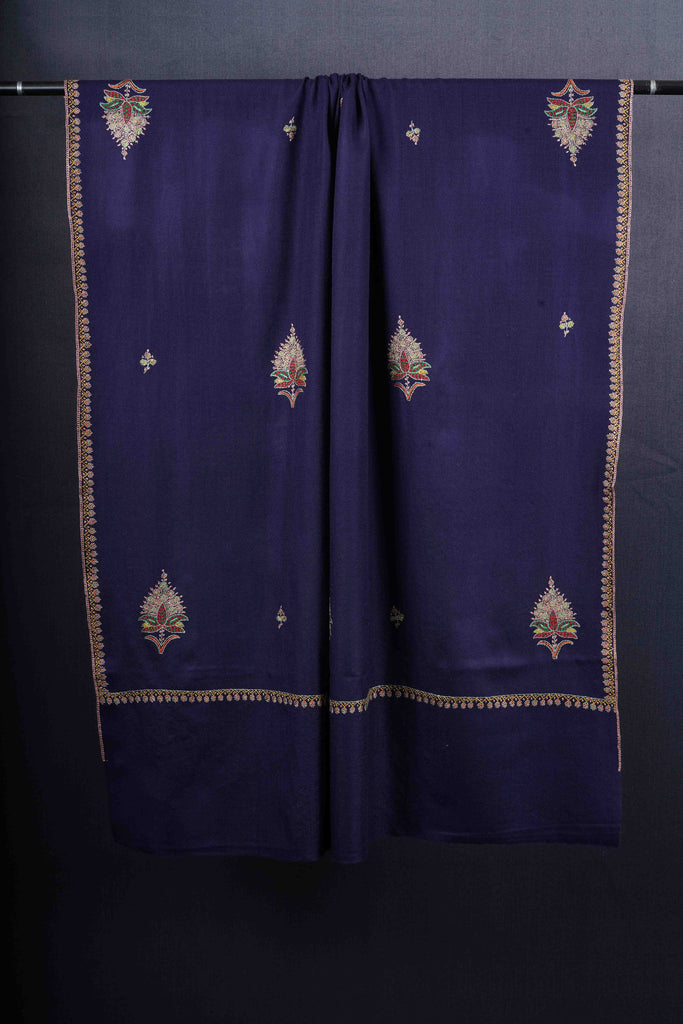 Navy Blue Base Buteh Motif Merino wool Embroidery Shawl