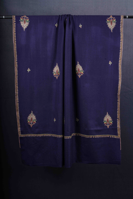 Navy Blue Base Buteh Motif Merino wool Embroidery Shawl