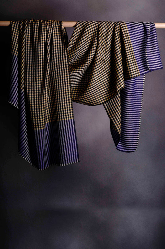 Yellow Blue and Black Checked  Handwoven Cashmere Pashmina Shawl