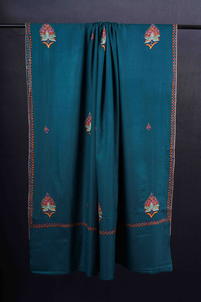Turquoise Base Buteh Motif Merino wool Embroidery Shawl
