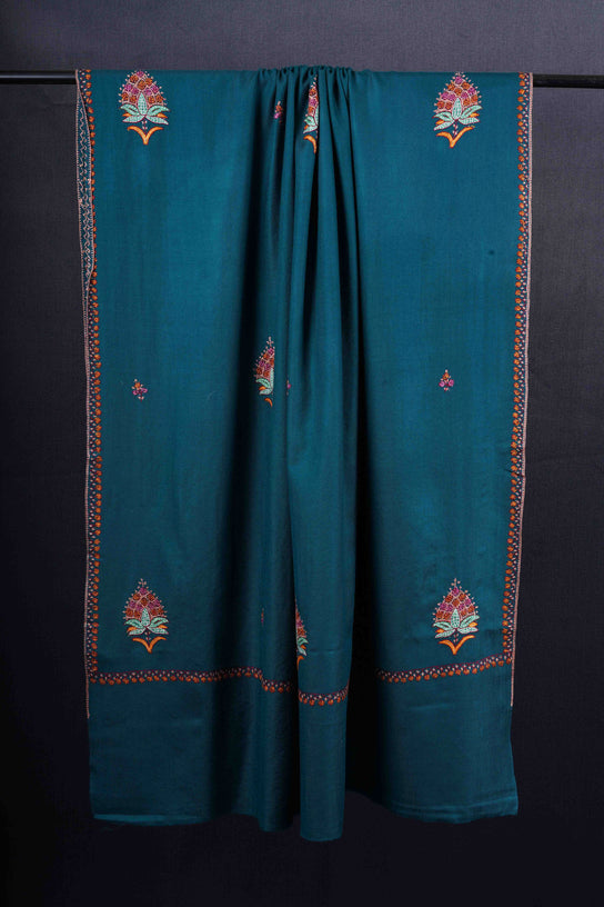 Turquoise Base Buteh Motif Merino wool Embroidery Shawl