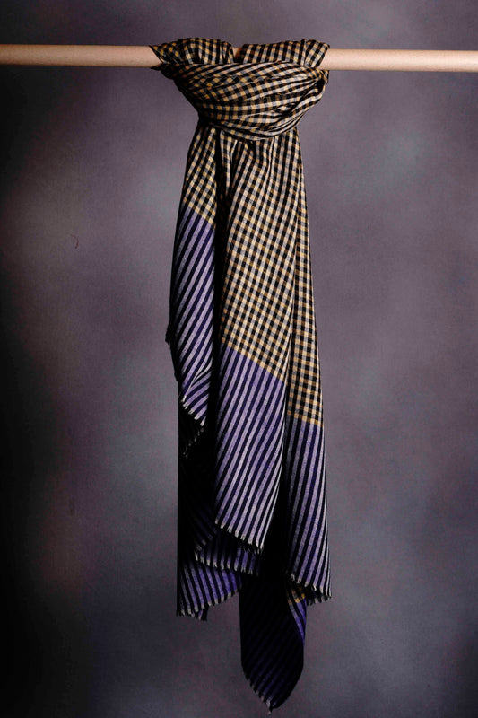 Yellow Blue and Black Checked  Handwoven Cashmere Pashmina Shawl