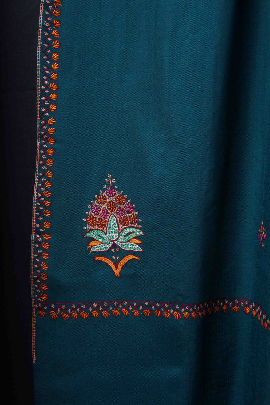 Turquoise Base Buteh Motif Merino wool Embroidery Shawl