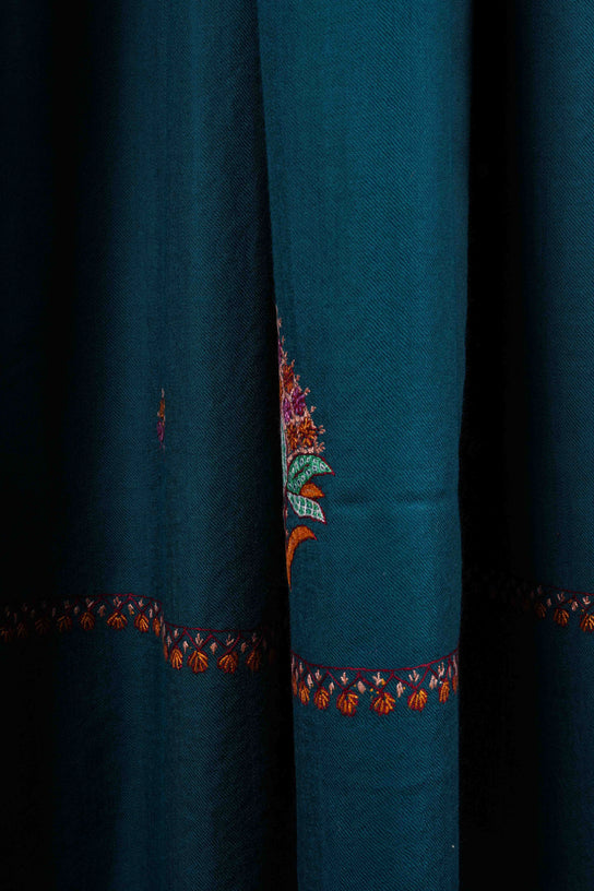 Turquoise Base Buteh Motif Merino wool Embroidery Shawl
