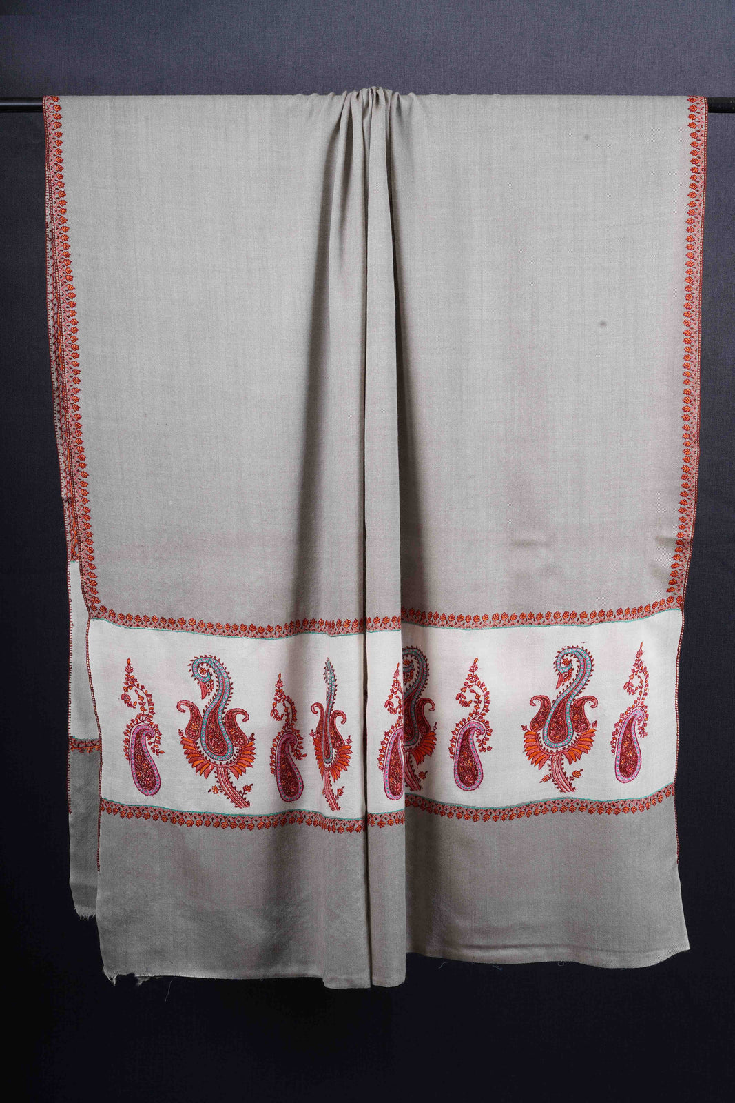 Grey Base Border Embroidery Merino Shawl