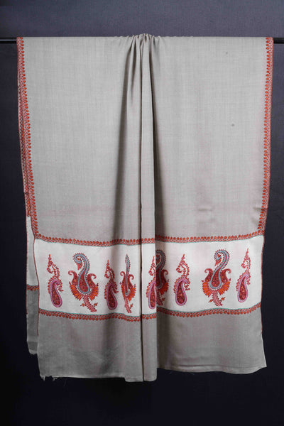 Grey Base Border Embroidery Merino Shawl