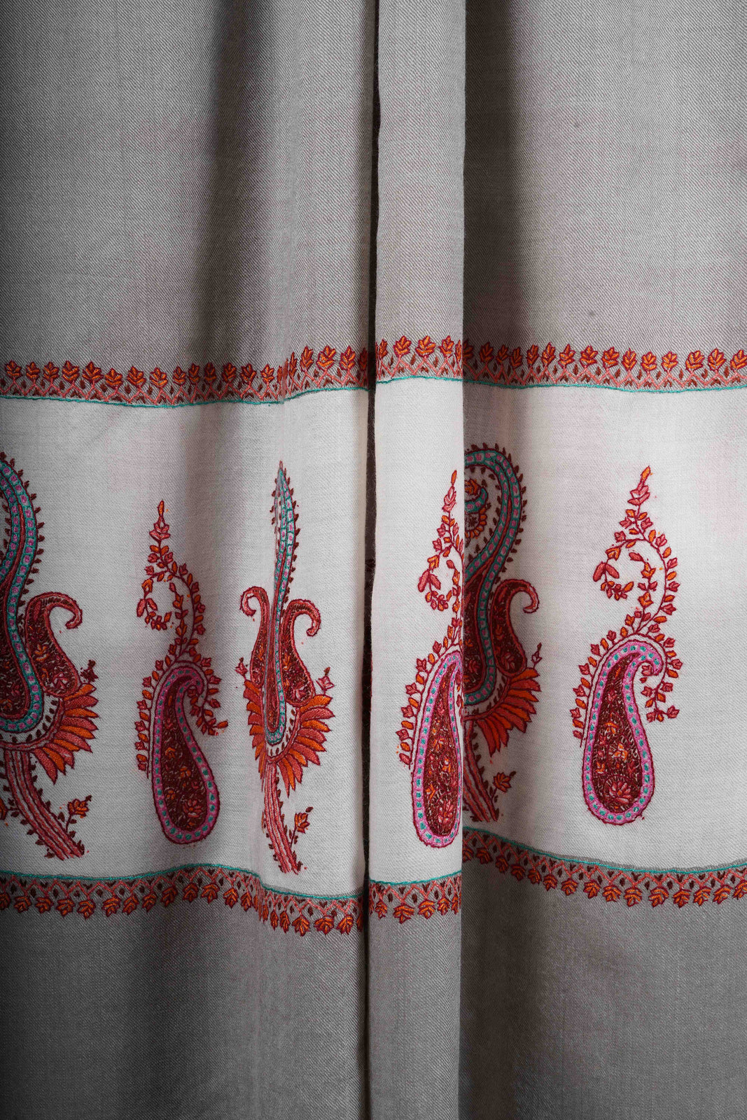 Grey Base Border Embroidery Merino Shawl