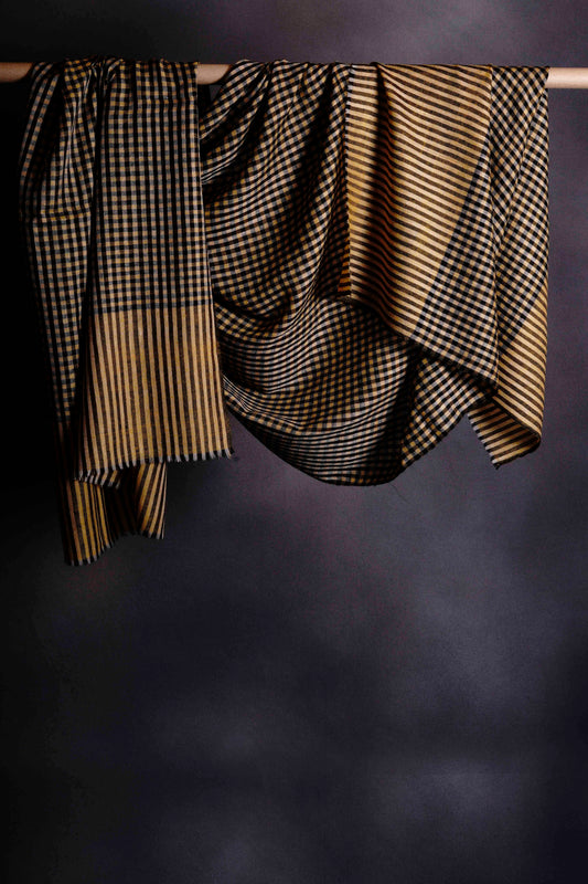 Yellow Black and Ivory Checked  Handwoven Cashmere Pashmina Shawl