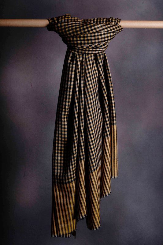 Yellow Black and Ivory Checked  Handwoven Cashmere Pashmina Shawl
