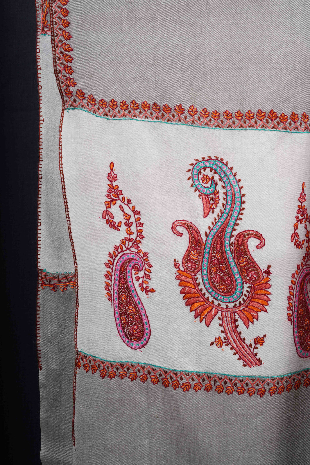 Grey Base Border Embroidery Merino Shawl