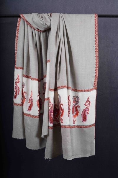 Grey Base Border Embroidery Merino Shawl