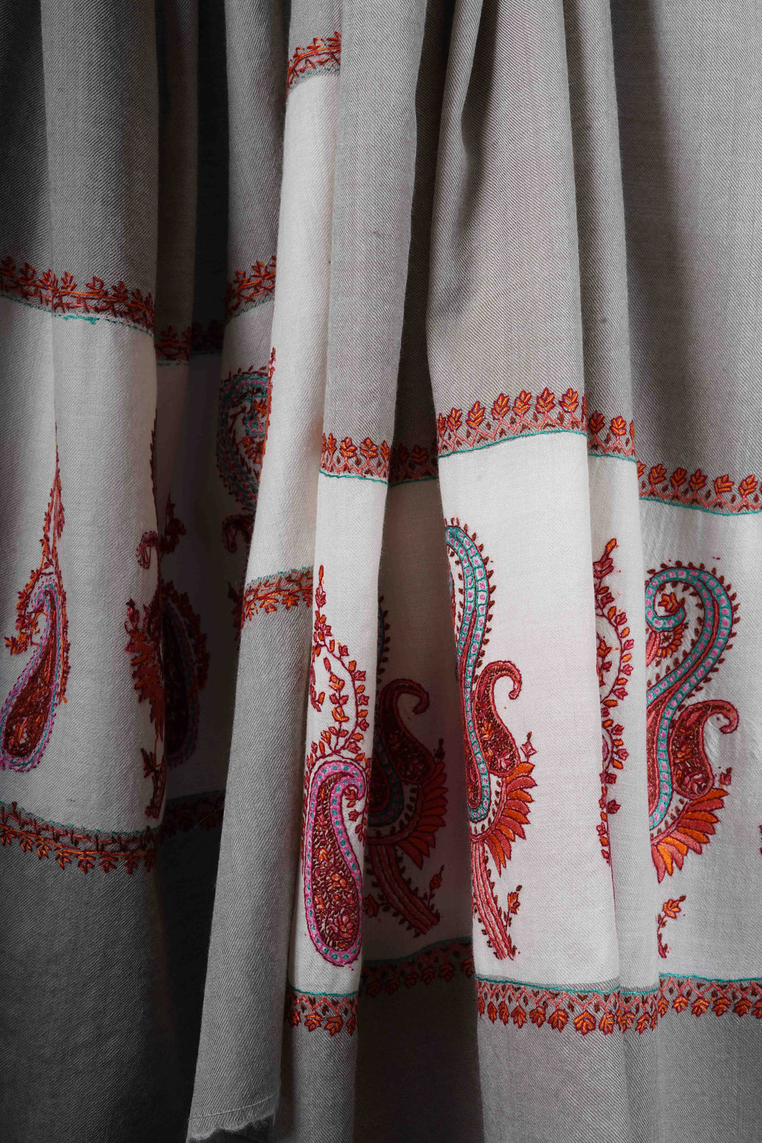 Grey Base Border Embroidery Merino Shawl