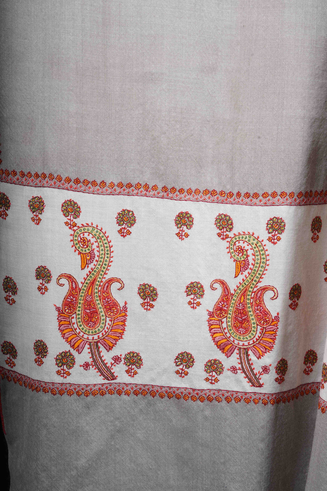 Grey Base Border Embroidery Merino Shawl