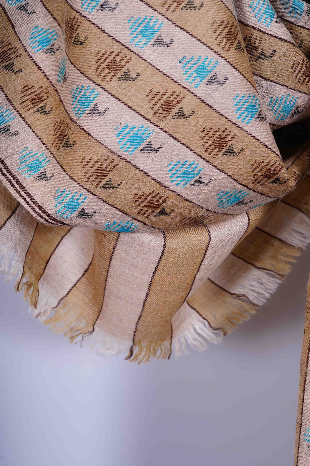 Natural & White Stripe Pashmina Kani Shawl