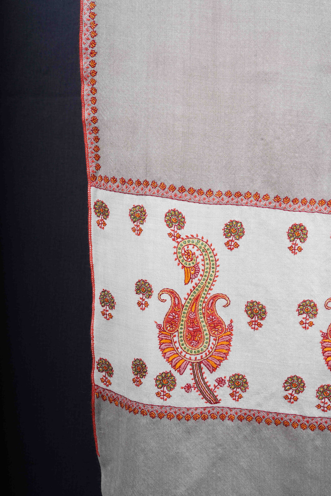 Grey Base Border Embroidery Merino Shawl