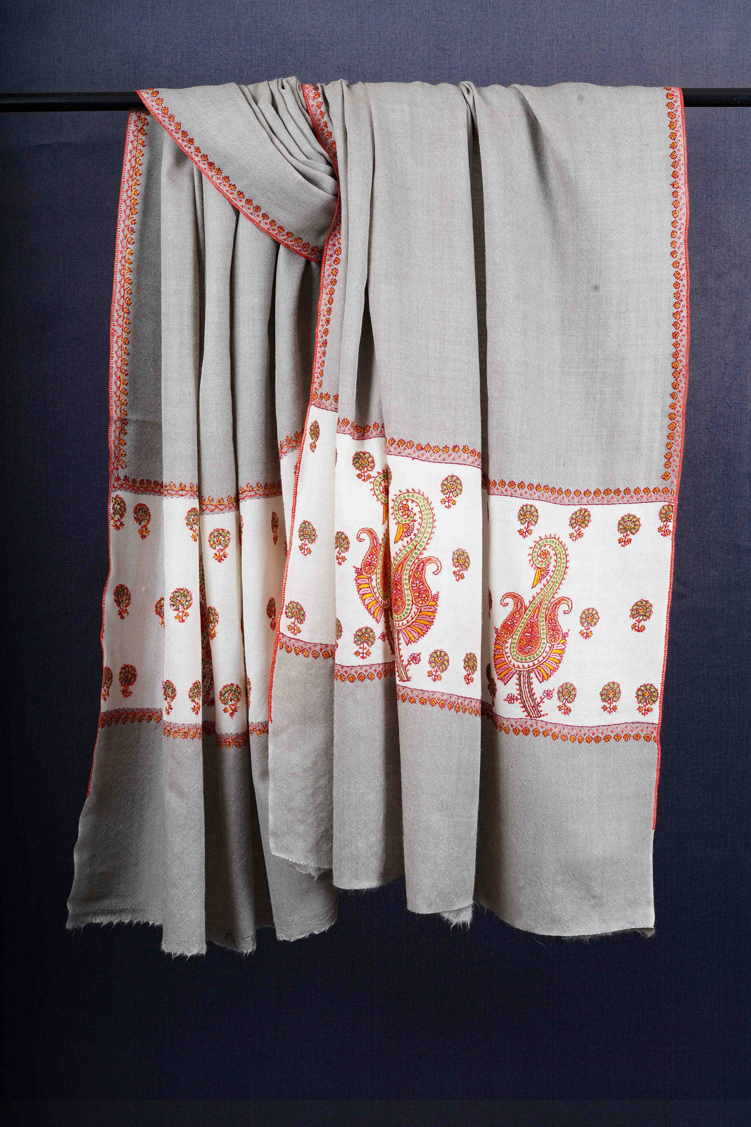 Grey Base Border Embroidery Merino Shawl