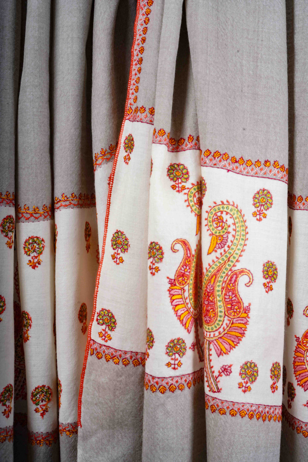 Grey Base Border Embroidery Merino Shawl