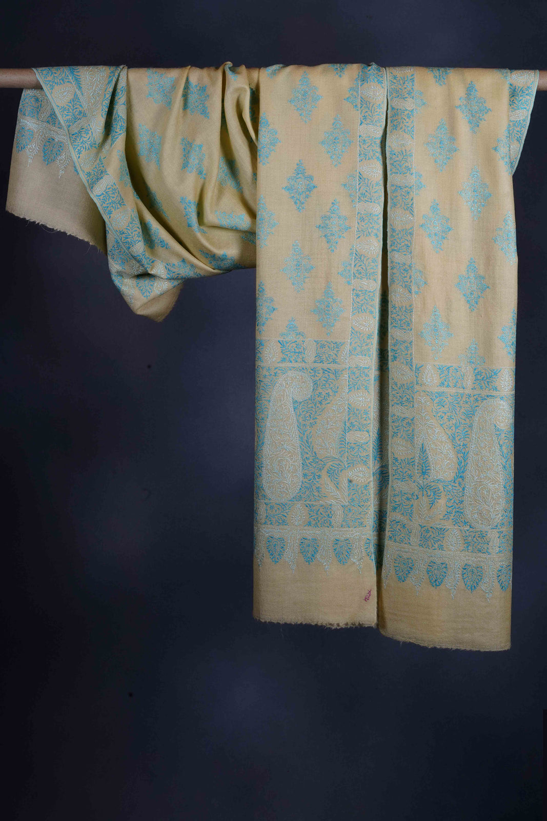 Light Lemon Motif Embroidery Cashmere Pashmina Shawl