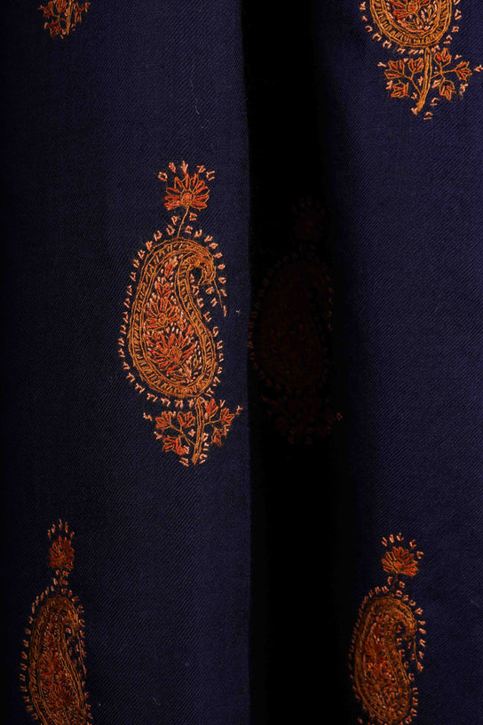 Blue Base Paisley Merino Embroidery Shawl