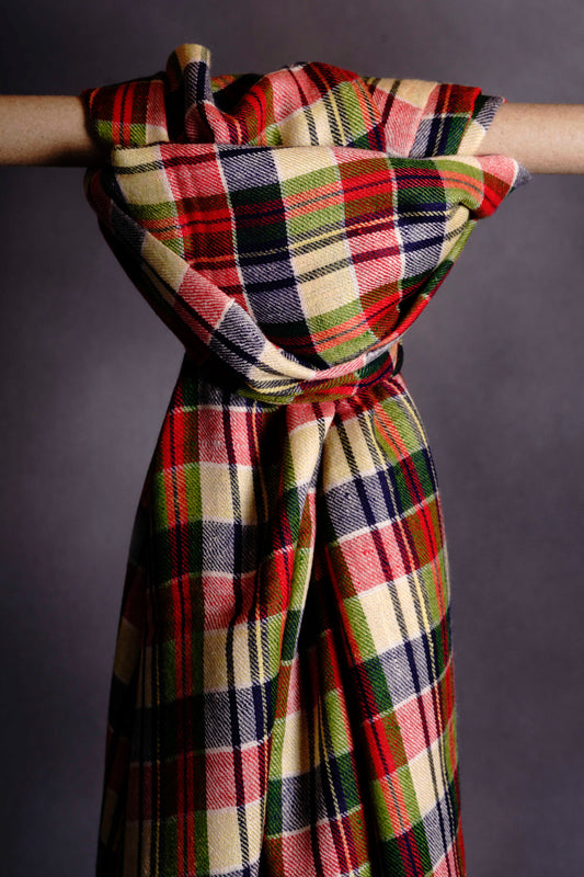 Lime, Blue & Red Check Handwoven Cashmere Pashmina Shawl