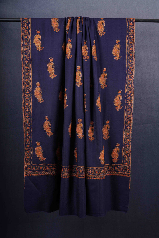 Blue Base Paisley Merino Embroidery Shawl