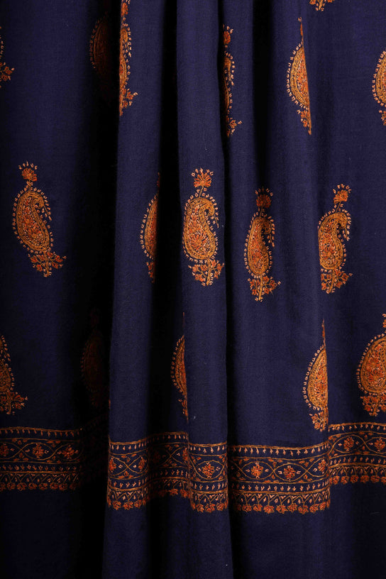 Blue Base Paisley Merino Embroidery Shawl