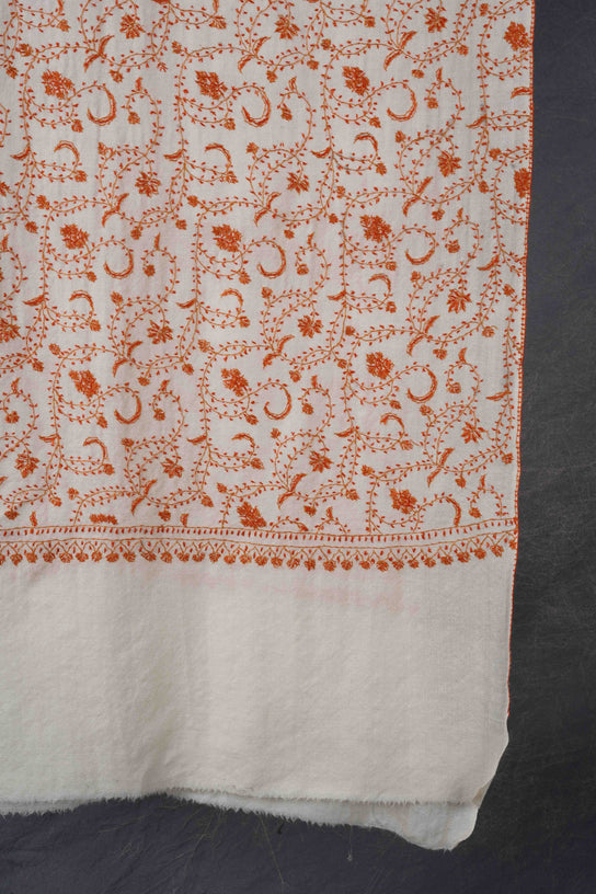 Ivory Base Jali Sozni Embroidery Merino Wool Scarf