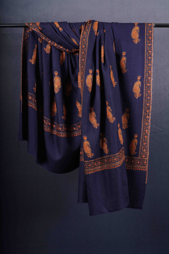 Blue Base Paisley Merino Embroidery Shawl