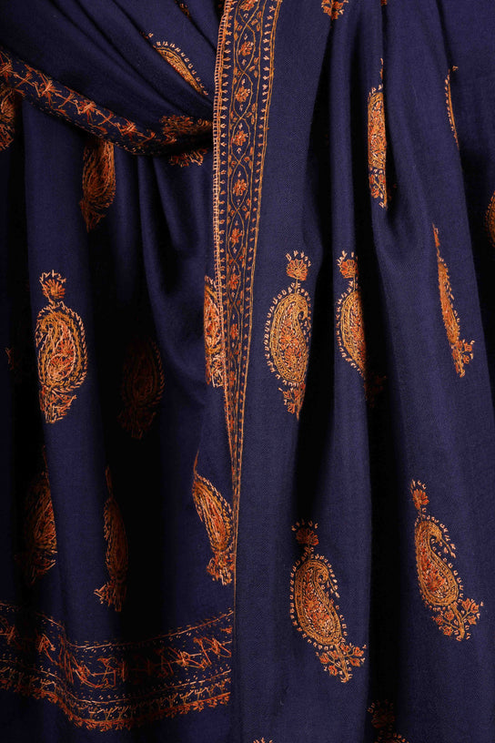 Blue Base Paisley Merino Embroidery Shawl