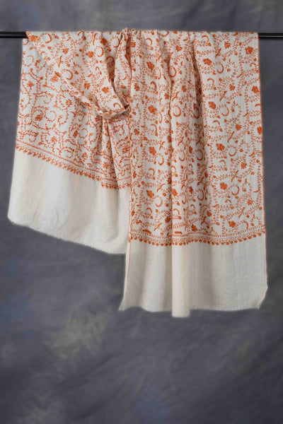 Ivory Base Jali Sozni Embroidery Merino Wool Scarf