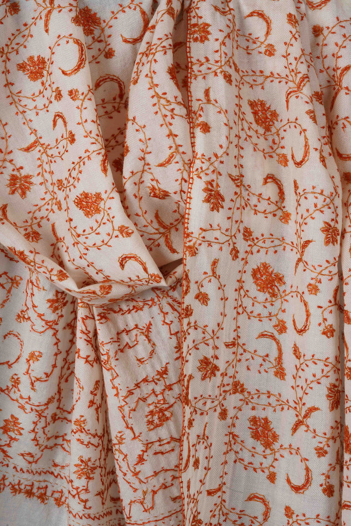 Ivory Base Jali Sozni Embroidery Merino Wool Scarf