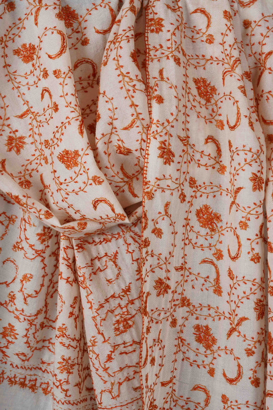 Ivory Base Jali Sozni Embroidery Merino Wool Scarf