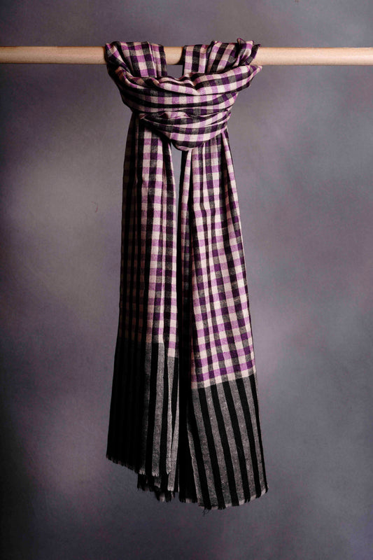 Small Check Purple and black Handwoven Cashmere Pashmina Scarf