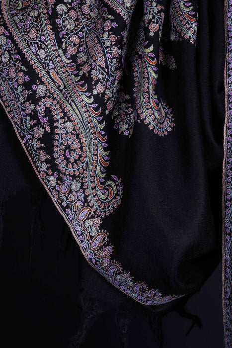 Black Big Border Embroidery Cashmere Pashmina Shawl