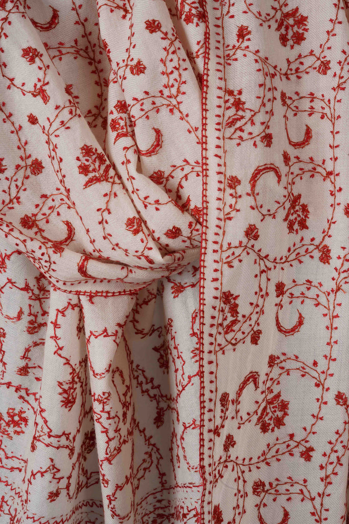 Ivory Base Jali Sozni Embroidery Merino Wool Scarf