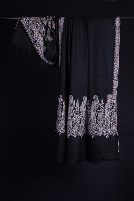 Black Big Border Embroidery Cashmere Pashmina Shawl