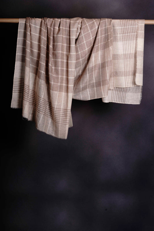Ivory & Natural Check Handwoven Cashmere Pashmina Shawl