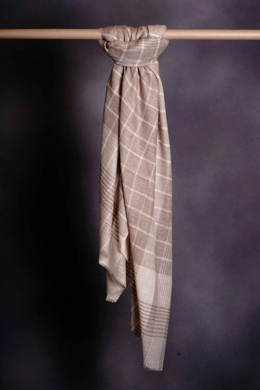 Ivory & Natural Check Handwoven Cashmere Pashmina Shawl
