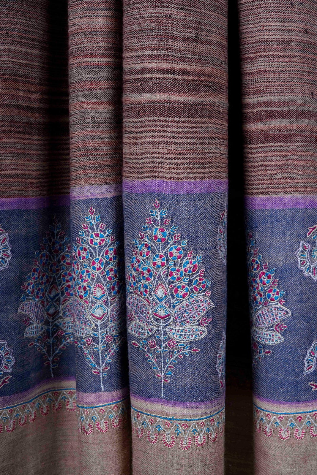 Natural Base Multi color Striped Border Embroidery Cashmere Pashmina Shawl