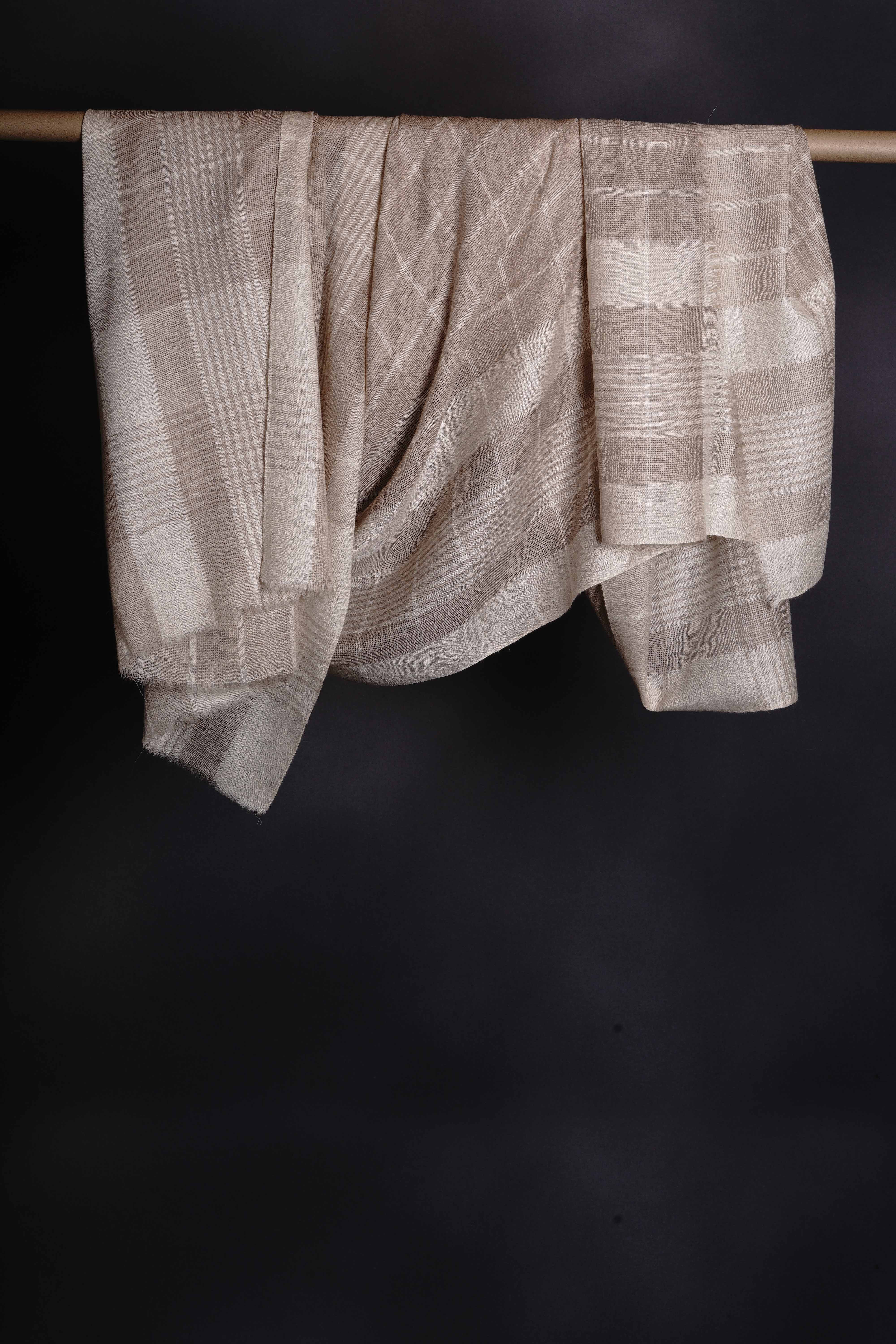 Ivory & Natural Check Handwoven Cashmere Pashmina Shawl