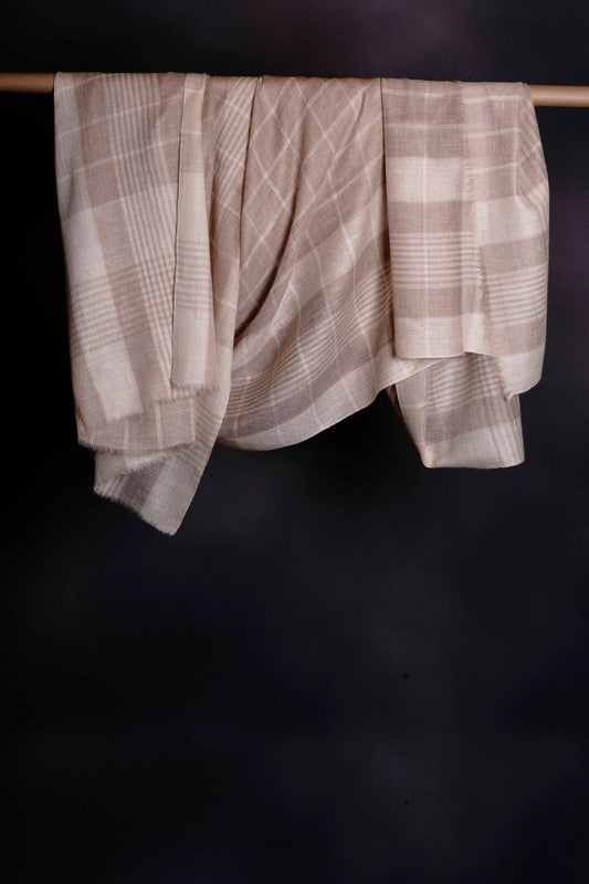 Ivory & Natural Check Handwoven Cashmere Pashmina Shawl