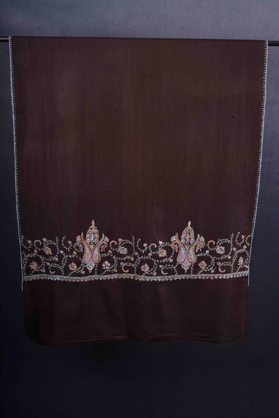 Brown Big Border Sozni Embroidery Merino Wool Scarf