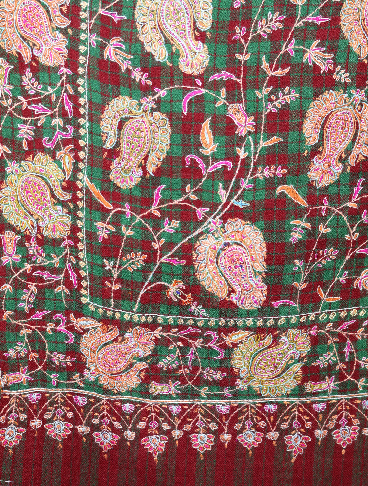 Maroon and Green Checked Base Jamawar Embroidery Pashmina Shawl