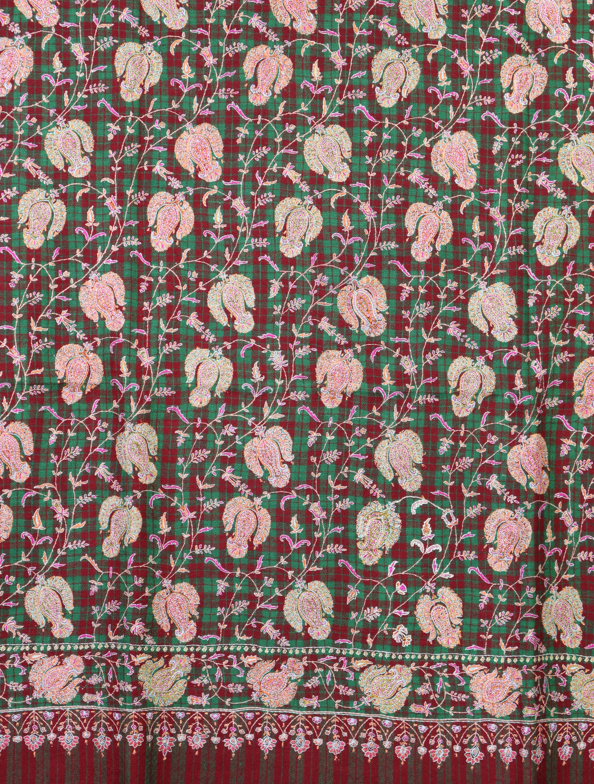 Maroon and Green Checked Base Jamawar Embroidery Pashmina Shawl