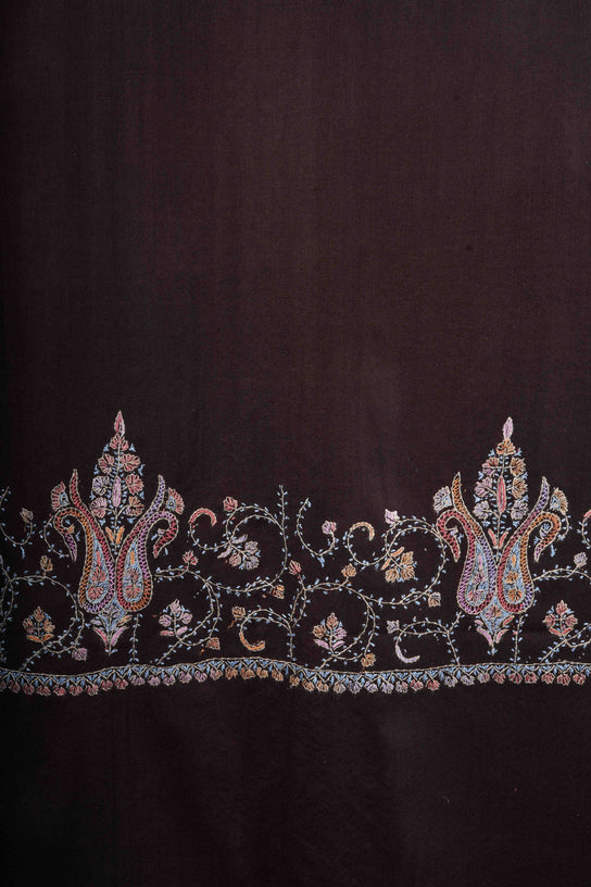 Brown Big Border Sozni Embroidery Merino Wool Scarf