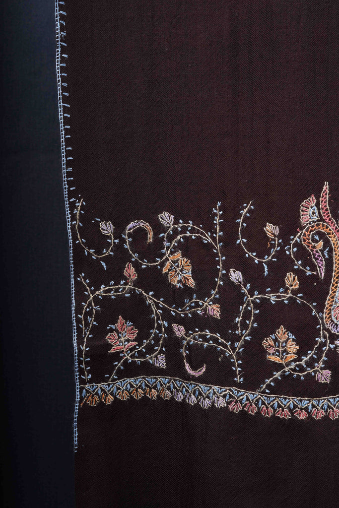 Brown Big Border Sozni Embroidery Merino Wool Scarf