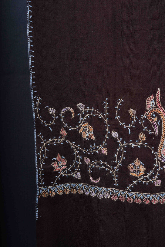 Brown Big Border Sozni Embroidery Merino Wool Scarf